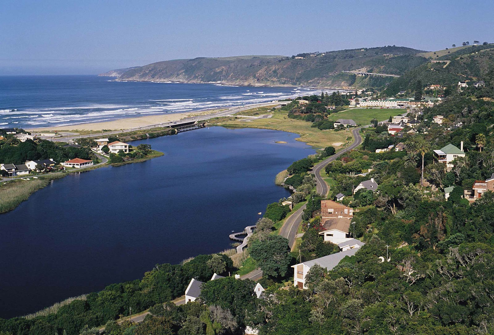 Touw River lagoon, Wilderness village and beach from above