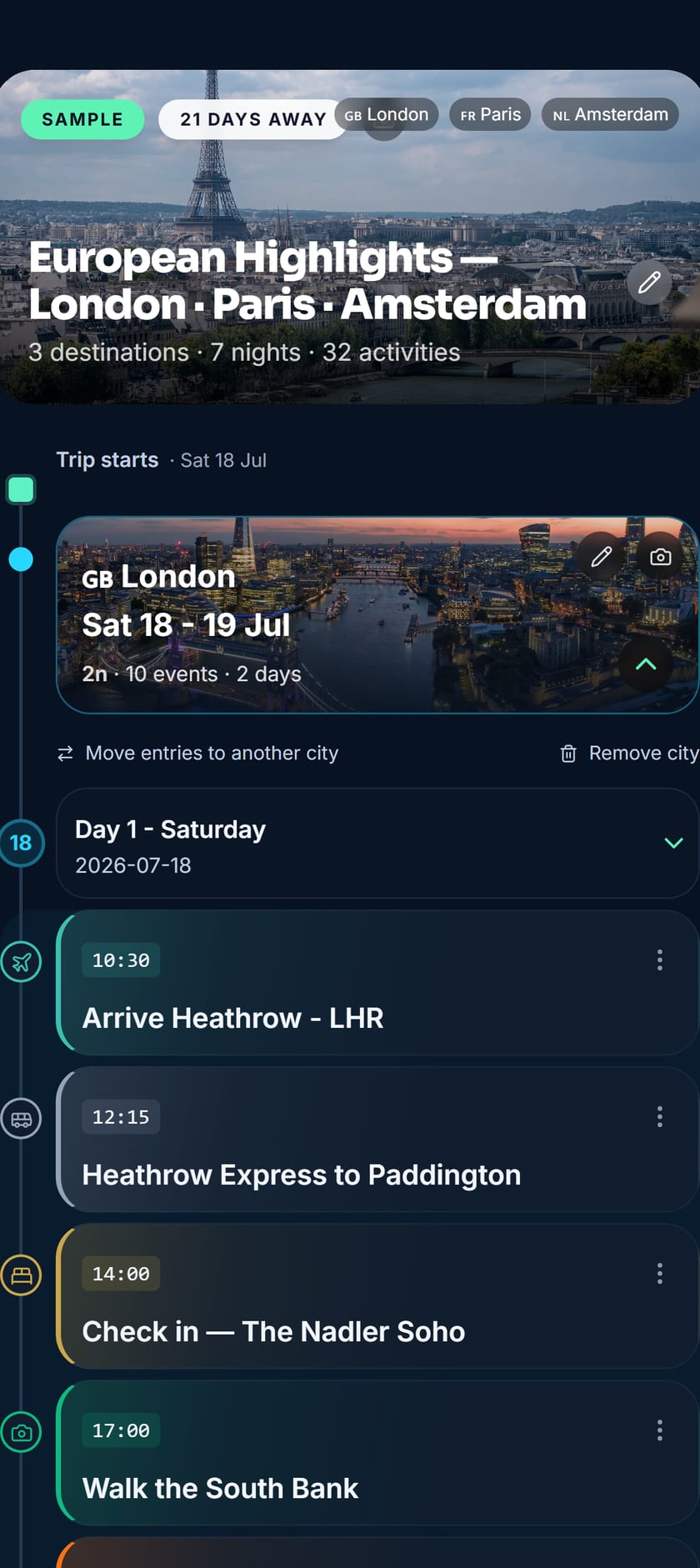 Voyaij showing a day-by-day trip itinerary built from your bookings, on a phone